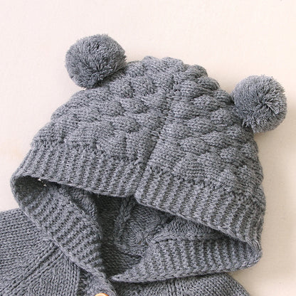 0-24M Newborn Baby Knitted Sweater Jumpsuits Autumn Winter Soft Warm Romper Boys Girls Hooded Bear Earjumpsuits Jackets