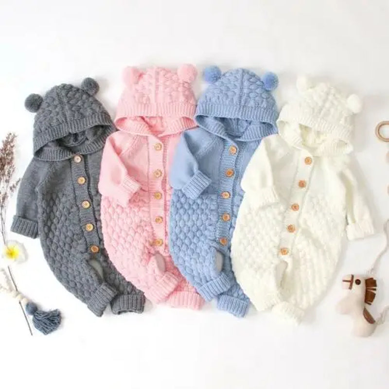 0-24M Newborn Baby Knitted Sweater Jumpsuits Autumn Winter Soft Warm Romper Boys Girls Hooded Bear Earjumpsuits Jackets