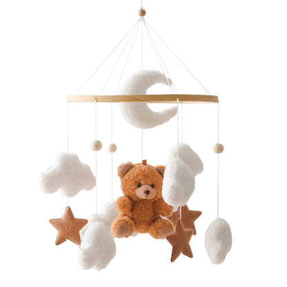 Wooden Crib Mobile Baby Bed Bell Rattle Toy Soft Felt Cartoon Bear Mobile Hanging Newborn Music Box Bed Bell Hanging Bracket Toy