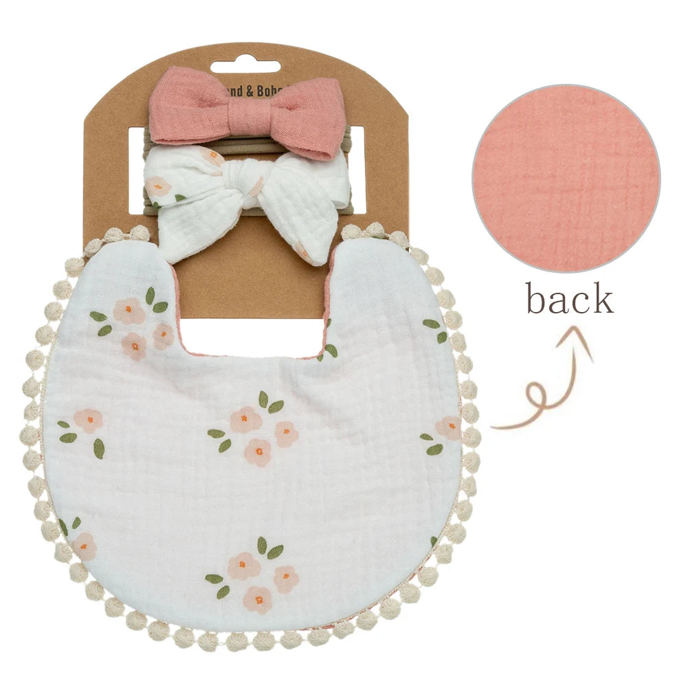 3Pcs/Set Baby Flower Bibs & Headbands Bow Nylon Hairbands Double Side Saliva Towel Feeding Burp Cloth Scarf Boys Girls Headwear