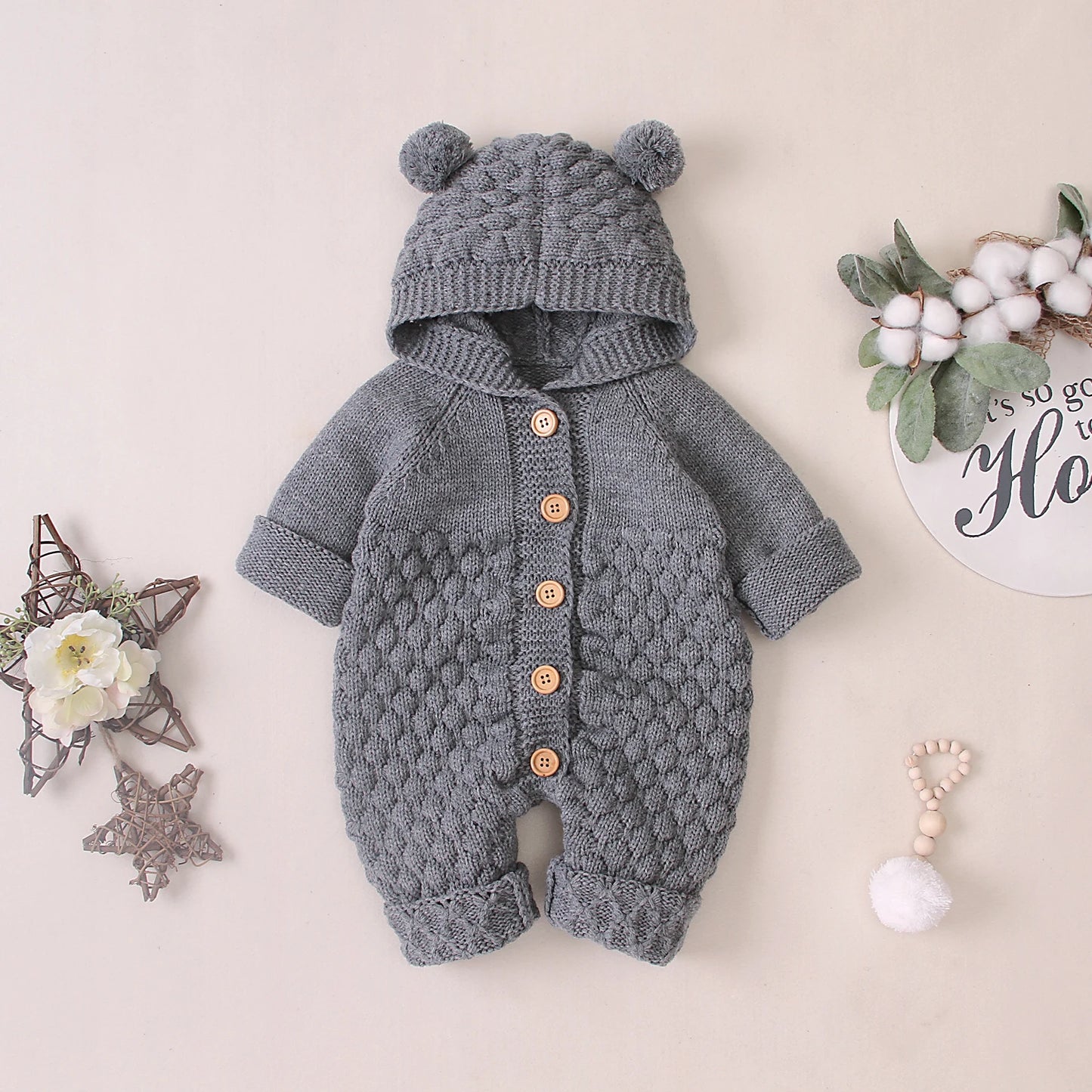 0-24M Newborn Baby Knitted Sweater Jumpsuits Autumn Winter Soft Warm Romper Boys Girls Hooded Bear Earjumpsuits Jackets