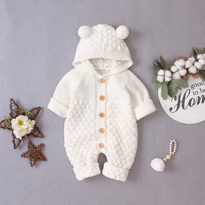 0-24M Newborn Baby Knitted Sweater Jumpsuits Autumn Winter Soft Warm Romper Boys Girls Hooded Bear Earjumpsuits Jackets