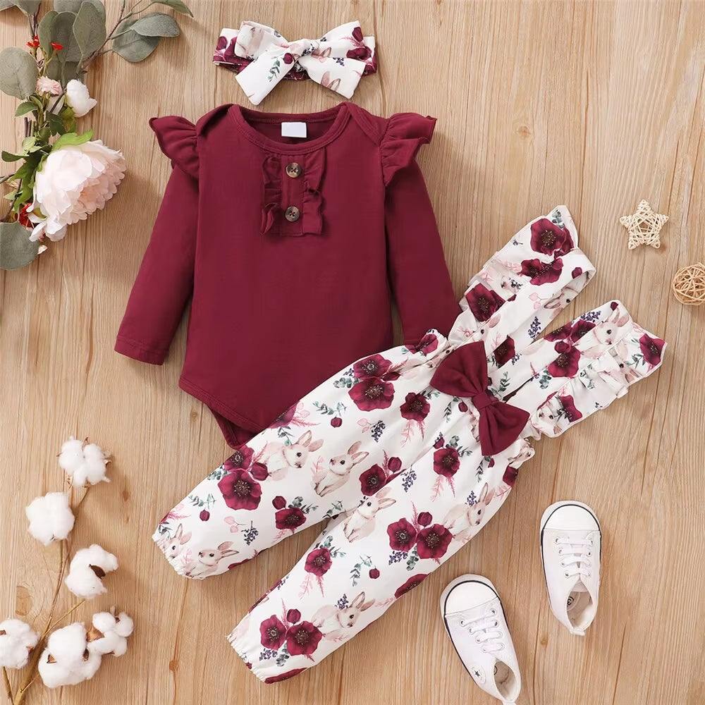 0-24 Months Newborn Baby Girl 3PCS Clothes Set Long Sleeve Romper+Flower Strap Pants+Headband Spring&Autumn Lovely Outfit