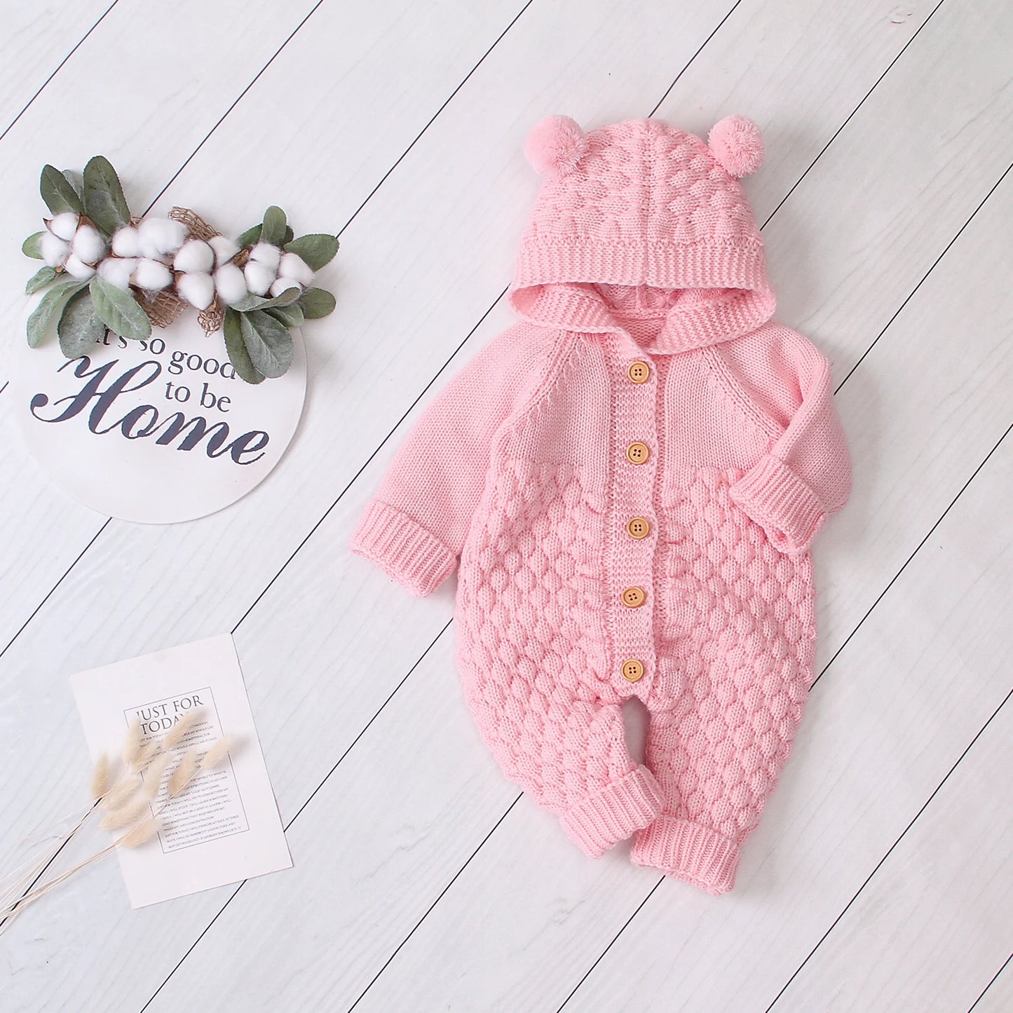 0-24M Newborn Baby Knitted Sweater Jumpsuits Autumn Winter Soft Warm Romper Boys Girls Hooded Bear Earjumpsuits Jackets